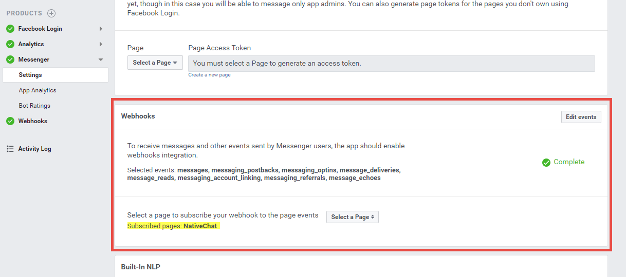 Webhooks Section on the Messenger Settings page.