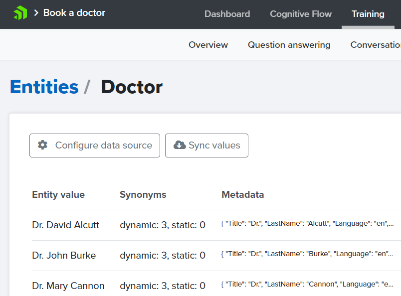 Example training data for Doctor custom entity.