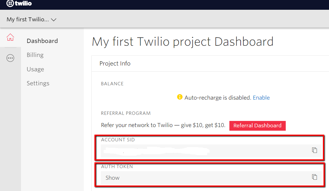 Copy these items from the Twilio Console.