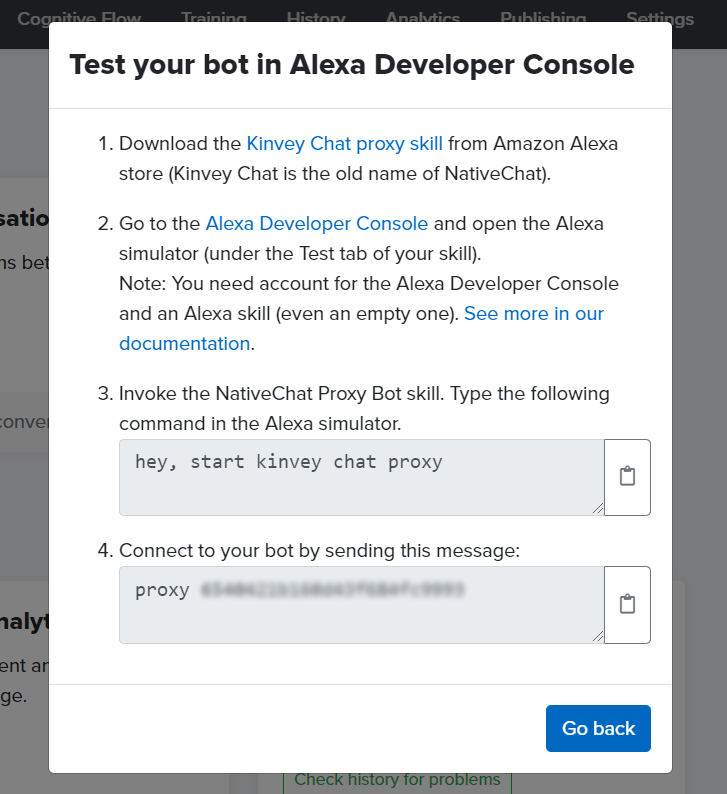 A screenshot from NativeChat portal, showing where the proxy bot command is located.