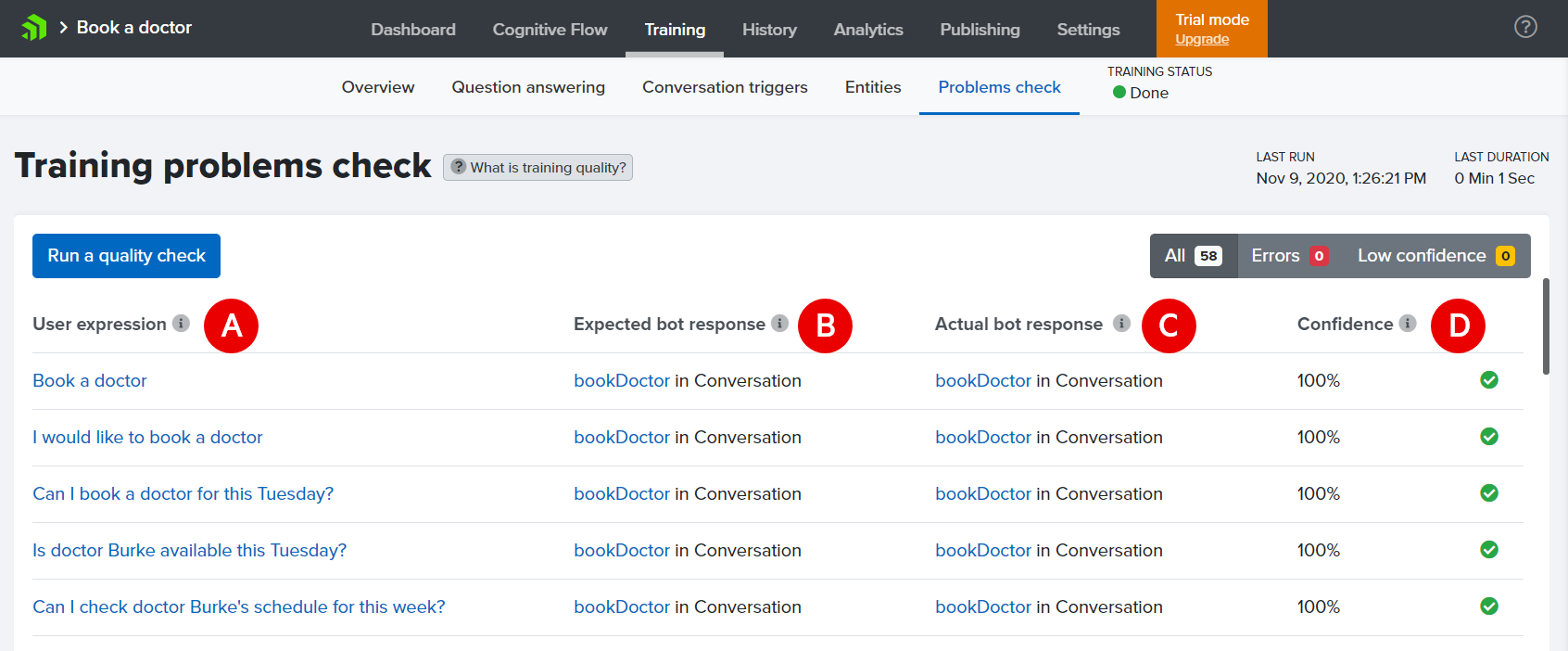 An overview of the training quality check results screen.